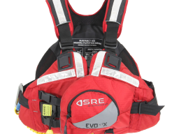 Red life jacket with reflective strips and adjustable straps.