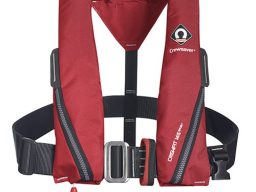 Red life jacket with adjustable straps and a safety buckle.