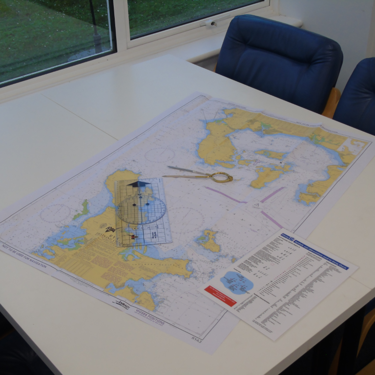 A table with a map and navigation equipment