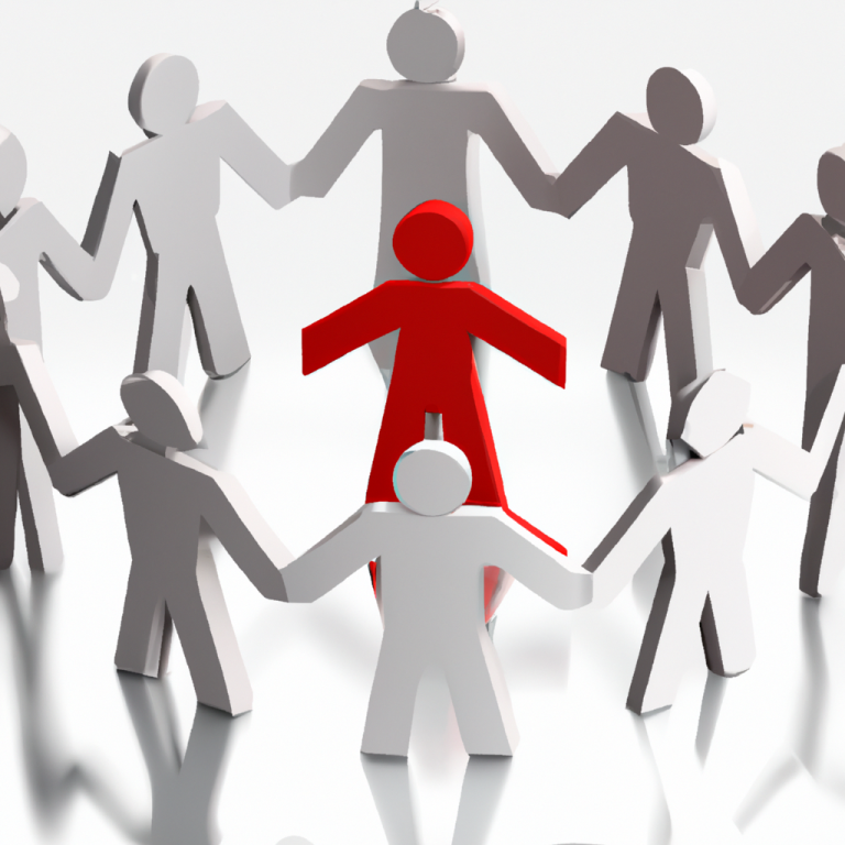 A group of white figures holding hands around a central red figure.